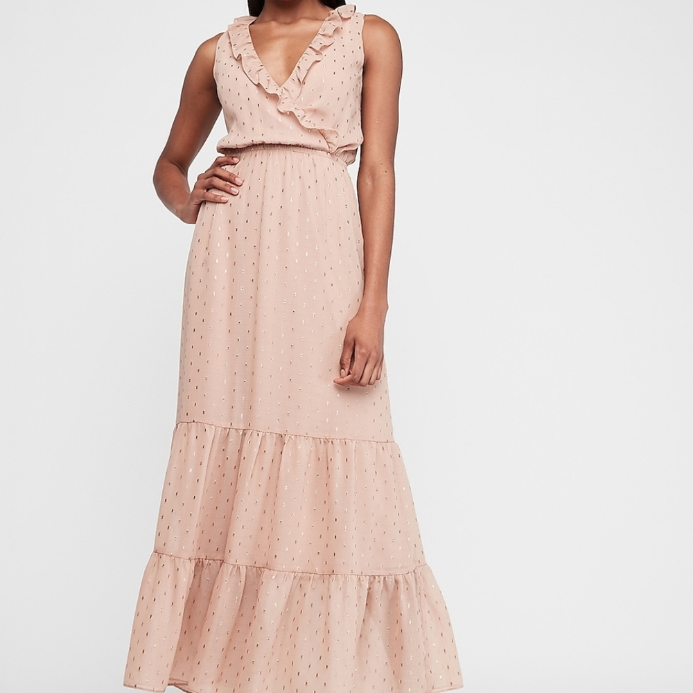 Express Metallic Clip Dot Ruffle Maxi Dress